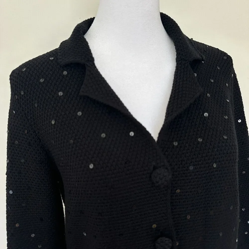 Kate Hill Knit Sequin Blazer Size S Black Silk Blend Y2K Jacket Evening Formal